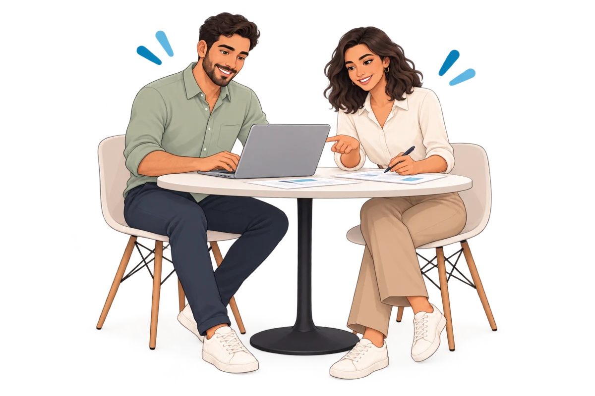 Personagens ilustrativos do Pipecom colaboram em uma mesa com computador e documentos