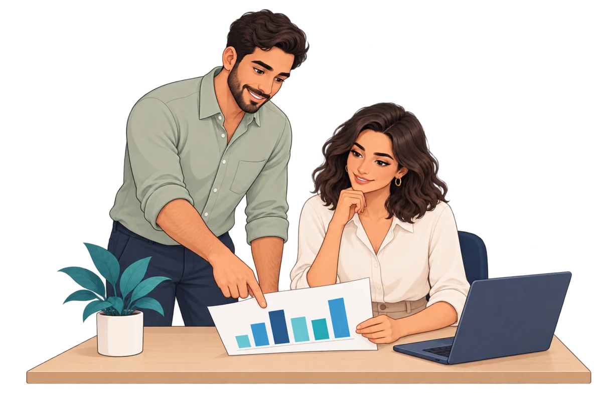 Personagens ilustrativos do Pipecom acompanham um gráfico simples para revisar o processo