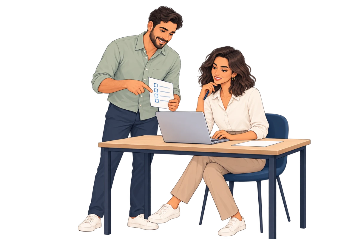 Personagens ilustrativos do Pipecom revisam um formulário e as informações de uma solicitação