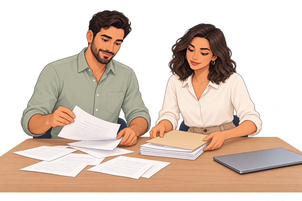 Personagens ilustrativos do Pipecom organizam documentos de uma solicitação de trabalho