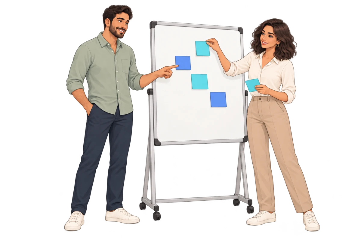 Personagens ilustrativos do Pipecom organizam etapas de trabalho em cartões sobre um quadro